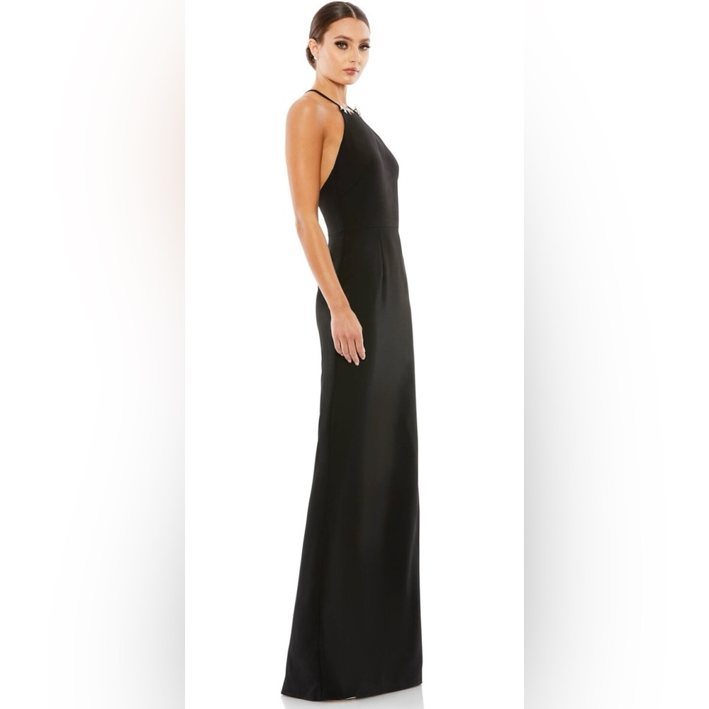 NWT Ieena for Mac Duggal Black Halter Column Gown with Rhinestone Bow Accent - Picture 4 of 11